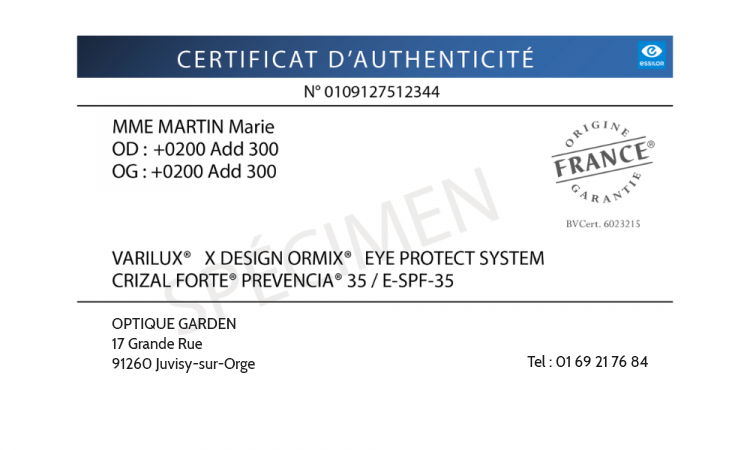 Capture d'écran du certificat d'authenticité